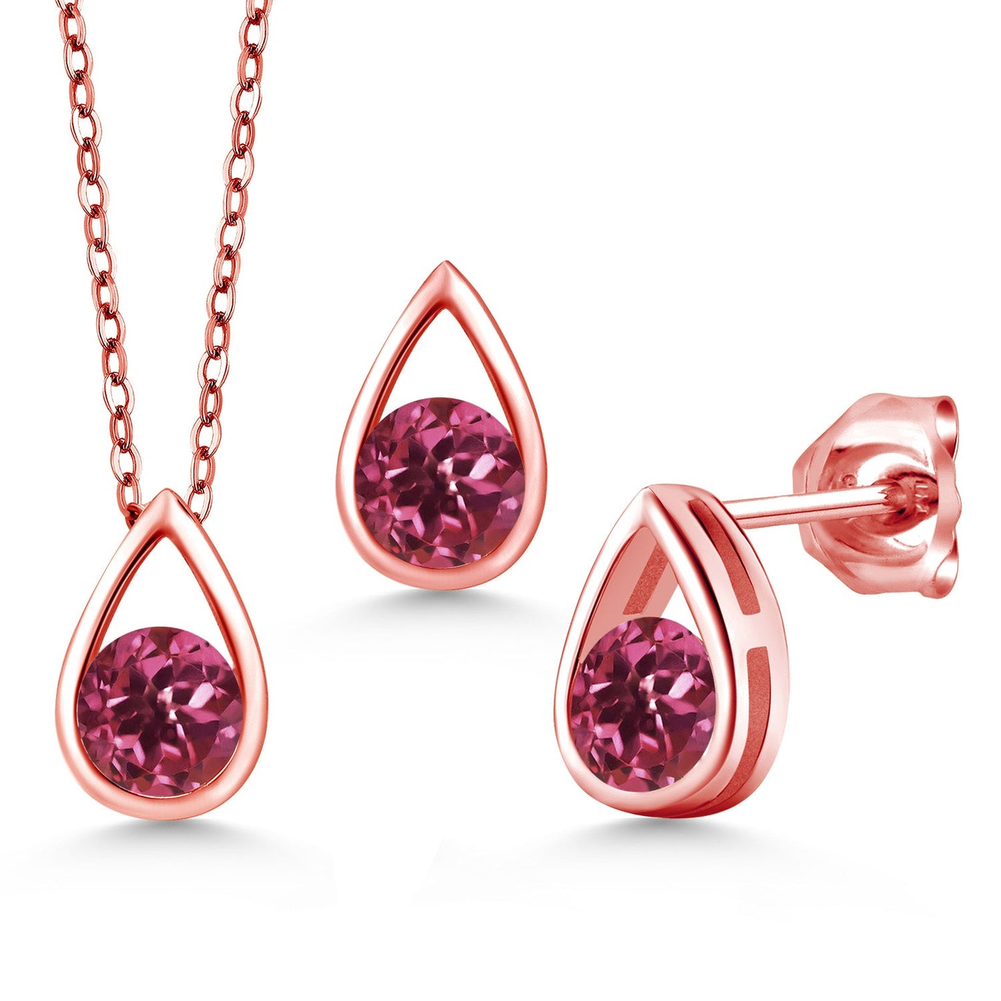 18K Rose Gold Plated Silver 5MM Round Gemstone Birthstone Teardrop Pendant Earrings Set | Jewelry Set for Women | With 18 Inch Chain