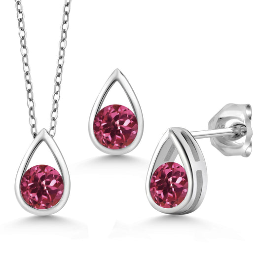 925 Sterling Silver 5MM Round Gemstone Birthstone Teardrop Pendant Earrings Set | Jewelry Set for Women | With 18 Inch Silver Chain