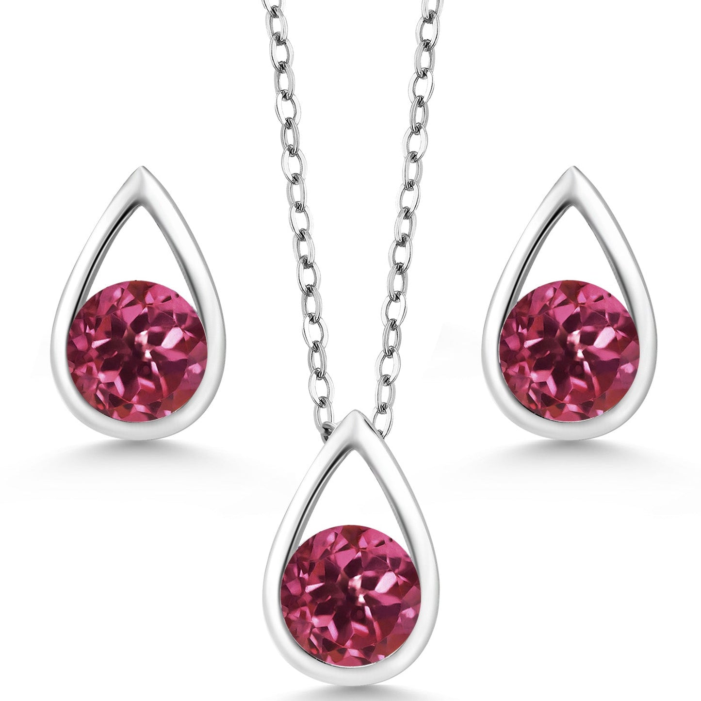 925 Sterling Silver 5MM Round Gemstone Birthstone Teardrop Pendant Earrings Set | Jewelry Set for Women | With 18 Inch Silver Chain