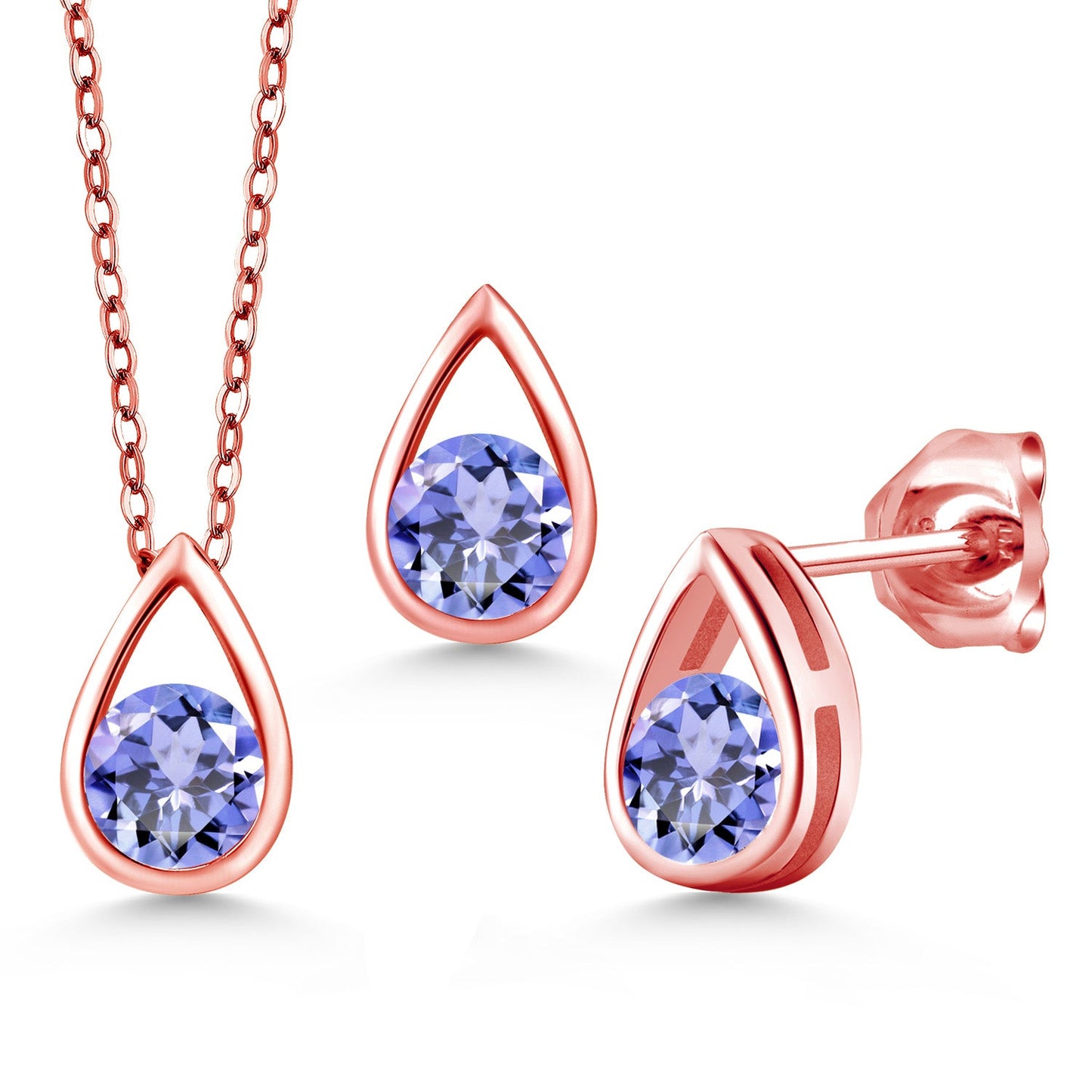 18K Rose Gold Plated Silver 5MM Round Gemstone Birthstone Teardrop Pendant Earrings Set | Jewelry Set for Women | With 18 Inch Chain