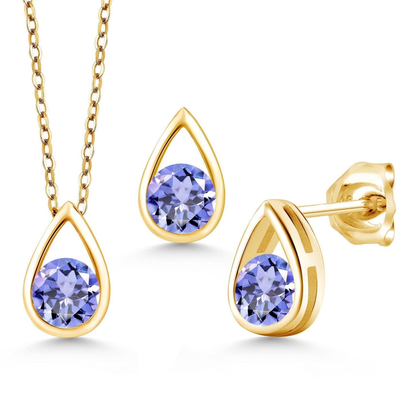 18K Yellow Gold Plated Silver 5MM Round Gemstone Birthstone Teardrop Pendant Earrings Set | Jewelry Set for Women | With 18 Inch Chain