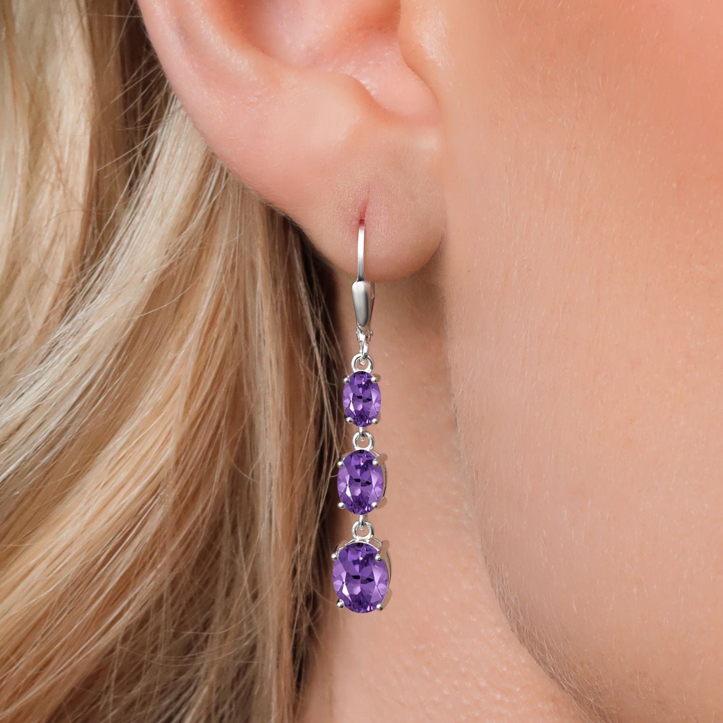 3-Stone Leverback Drop Dangle Earrings For Women | 925 Sterling Silver | Gemstone Birthstone | Oval 8X6MM 7X5MM and 6X4MM | Fine Jewelry Gifts for Her Mom Women Wife
