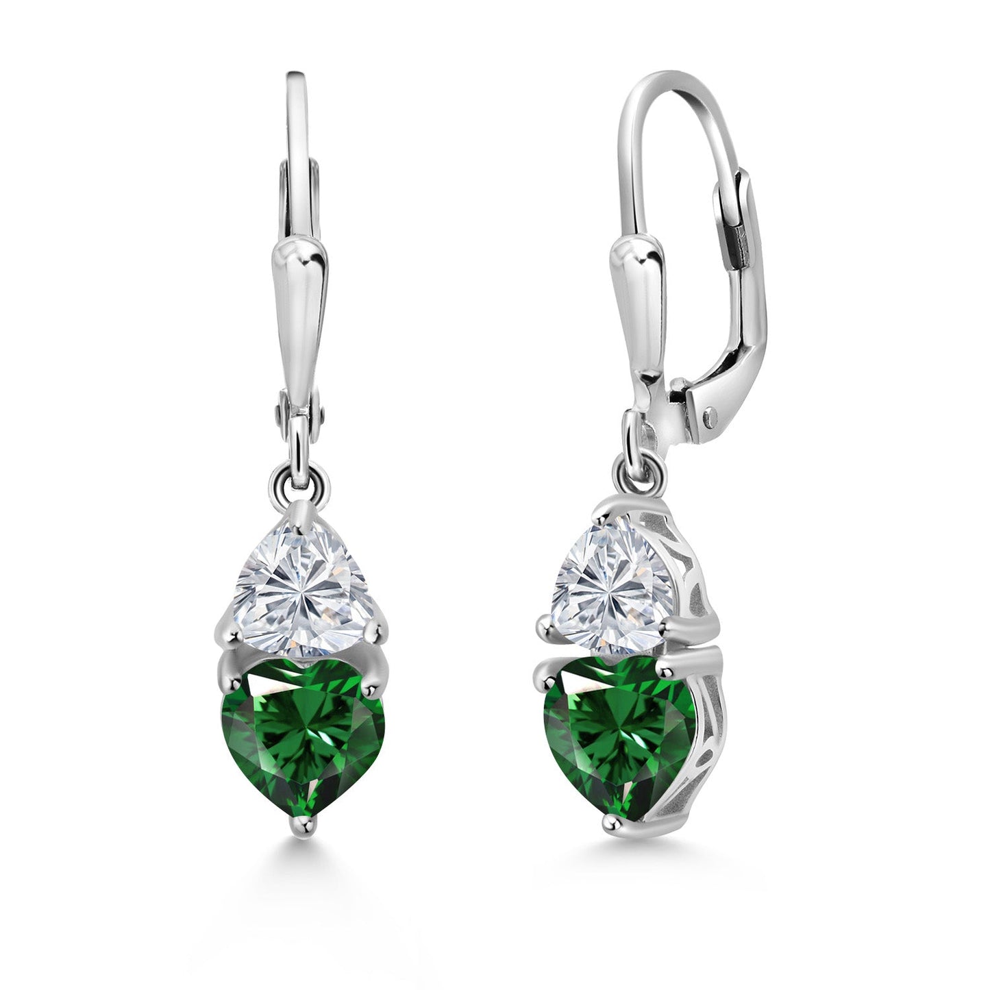 925 Sterling Silver Green Nano Emerald and Lab Grown Diamond Earrings for Women | 2.14 Cttw | Gemstone May Birthstone | Heart Shape 6MM