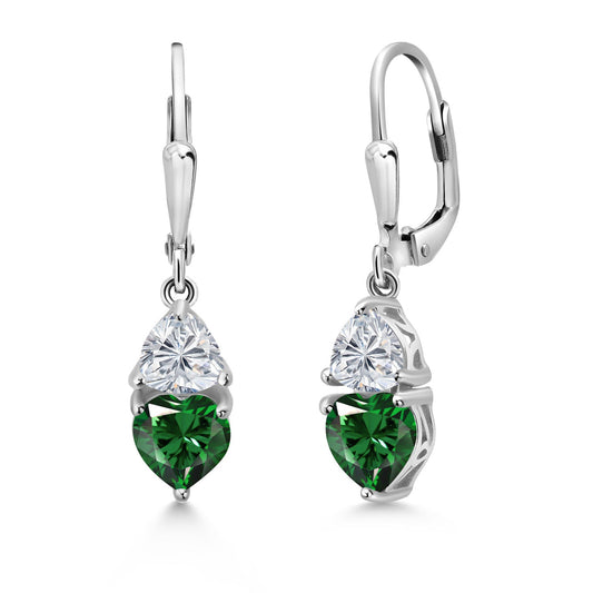925 Sterling Silver Green Nano Emerald and Lab Grown Diamond Earrings for Women | 2.14 Cttw | Gemstone May Birthstone | Heart Shape 6MM