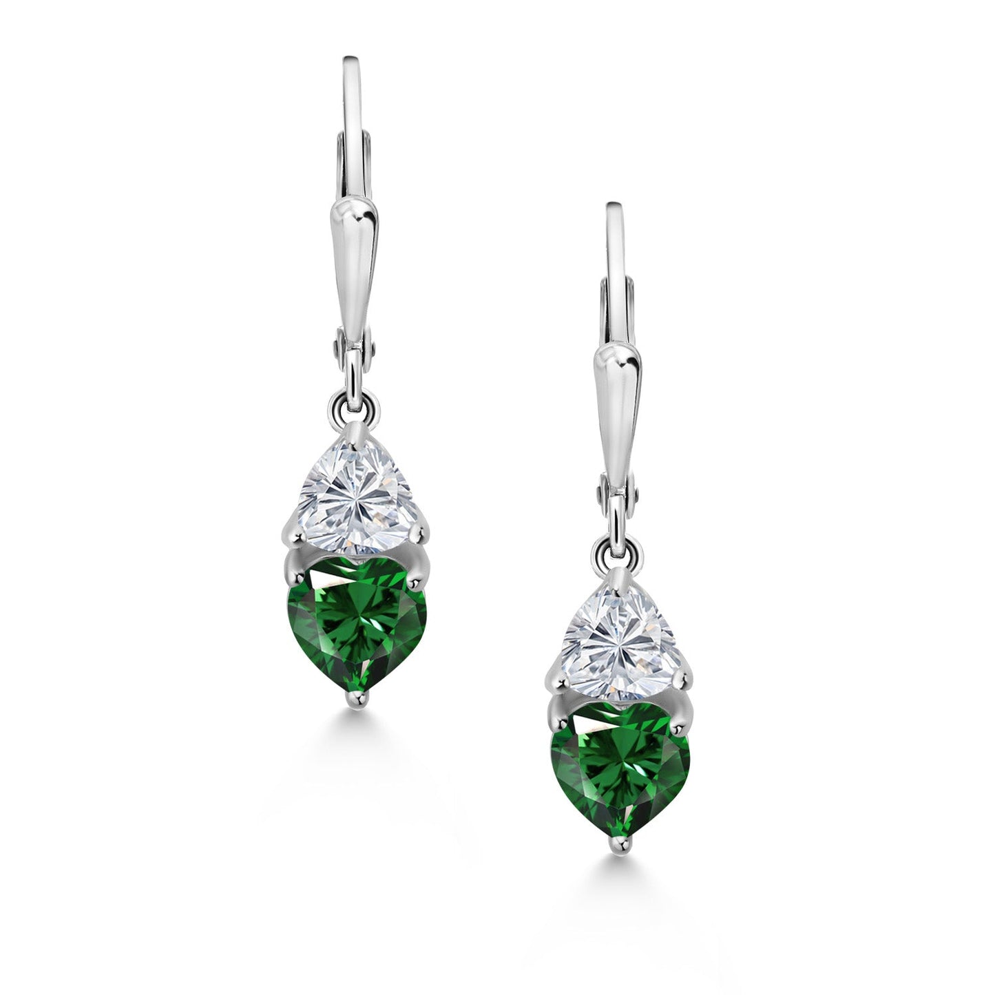 925 Sterling Silver Green Nano Emerald and Lab Grown Diamond Earrings for Women | 2.14 Cttw | Gemstone May Birthstone | Heart Shape 6MM