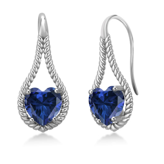 925 Sterling Silver Blue Created Sapphire Dangle Earrings For Women | 2.20 Cttw | Gemstone September Birthstone | Heart Shape 7MM