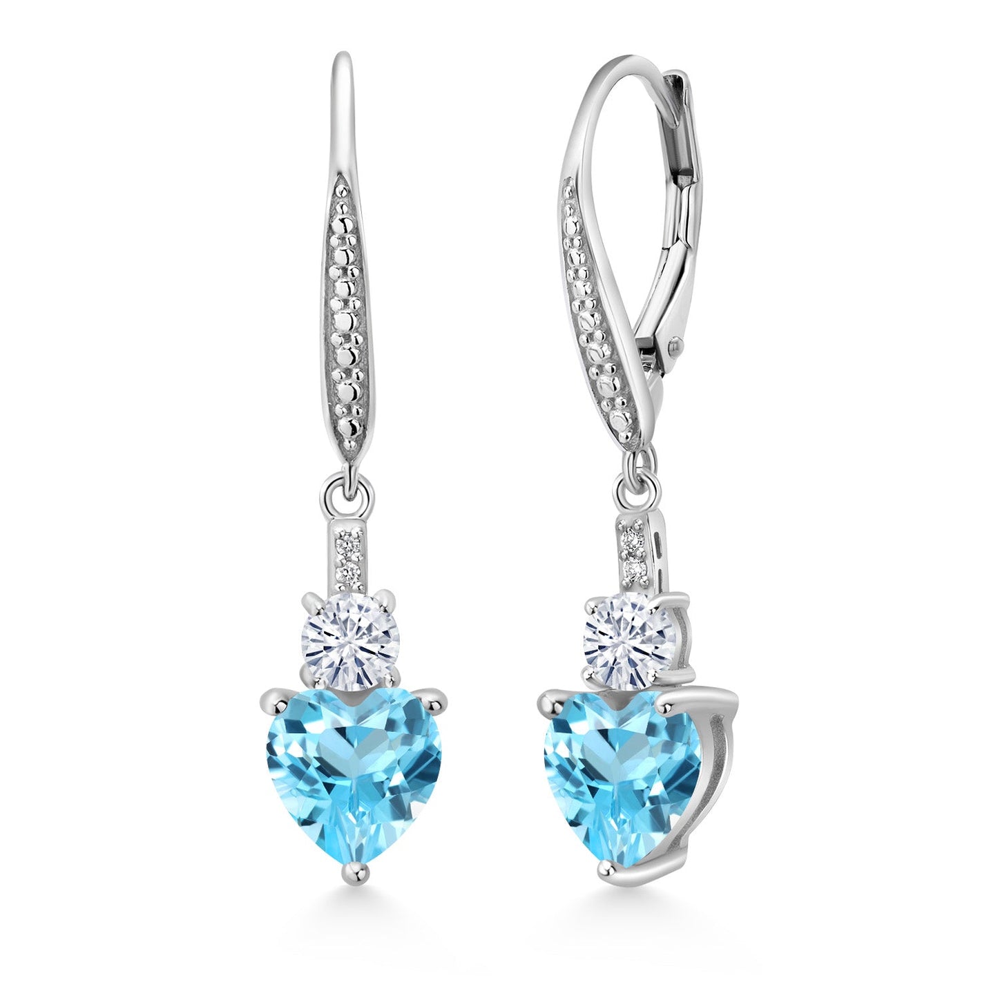 Leverback Drop Dangle Earrings for Women in 925 Sterling Silver | Gemstone Birthstone and White Moissanite with Lab Grown Diamond Accents | Heart 7MM & Round 4MM | Fine Jewelry Her Mom Wife