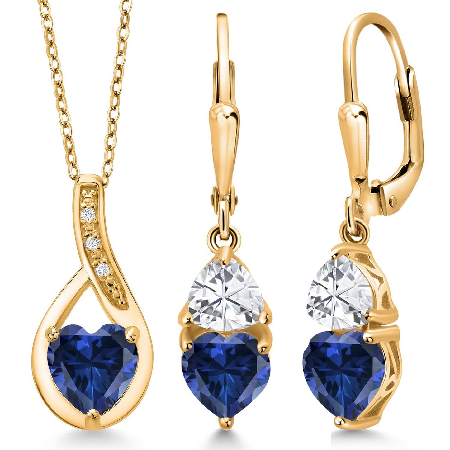 18K Yellow Gold Plated Silver Blue Created Sapphire Pendant Earrings Set For Women (4.24 Cttw, Gemstone September Birthstone, with 18 Inch Chain)