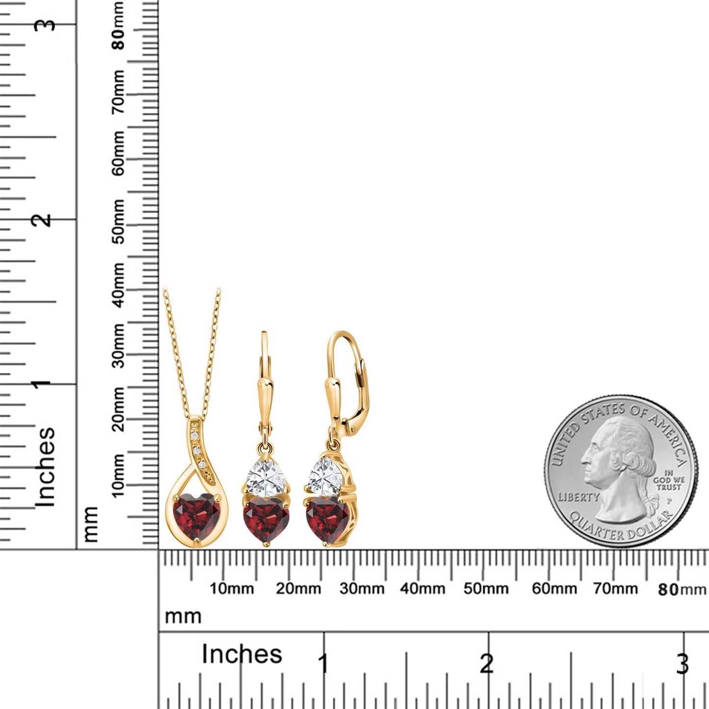 18K Yellow Gold Plated Silver Red Garnet Pendant Earrings Set For Women (4.84 Cttw, Gemstone January Birthstone, with 18 Inch Chain)