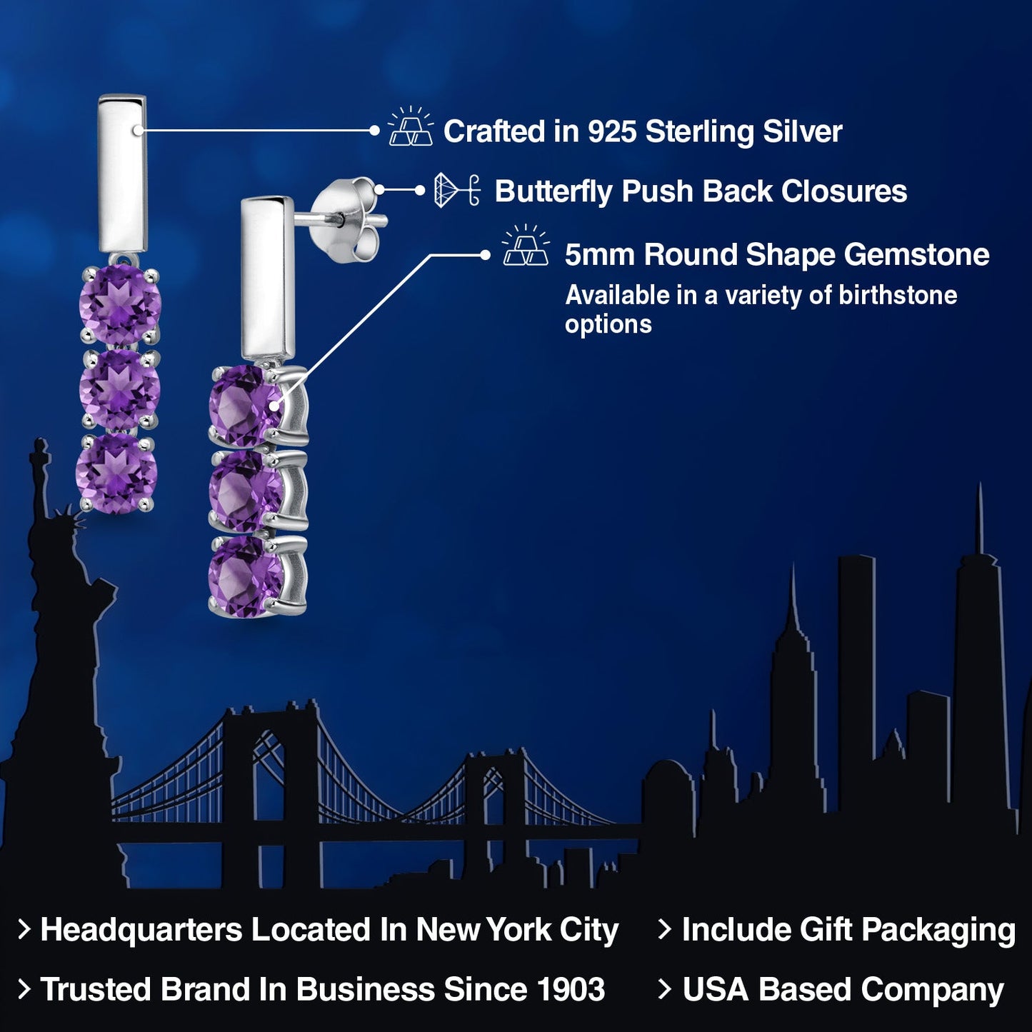 5MM Round Gemstone Birthstone Drop Dangle 3-Stone Earrings For Women | 925 Sterling Silver | Three Stone Fine Jewelry Gifts for Her Mom Women Wife