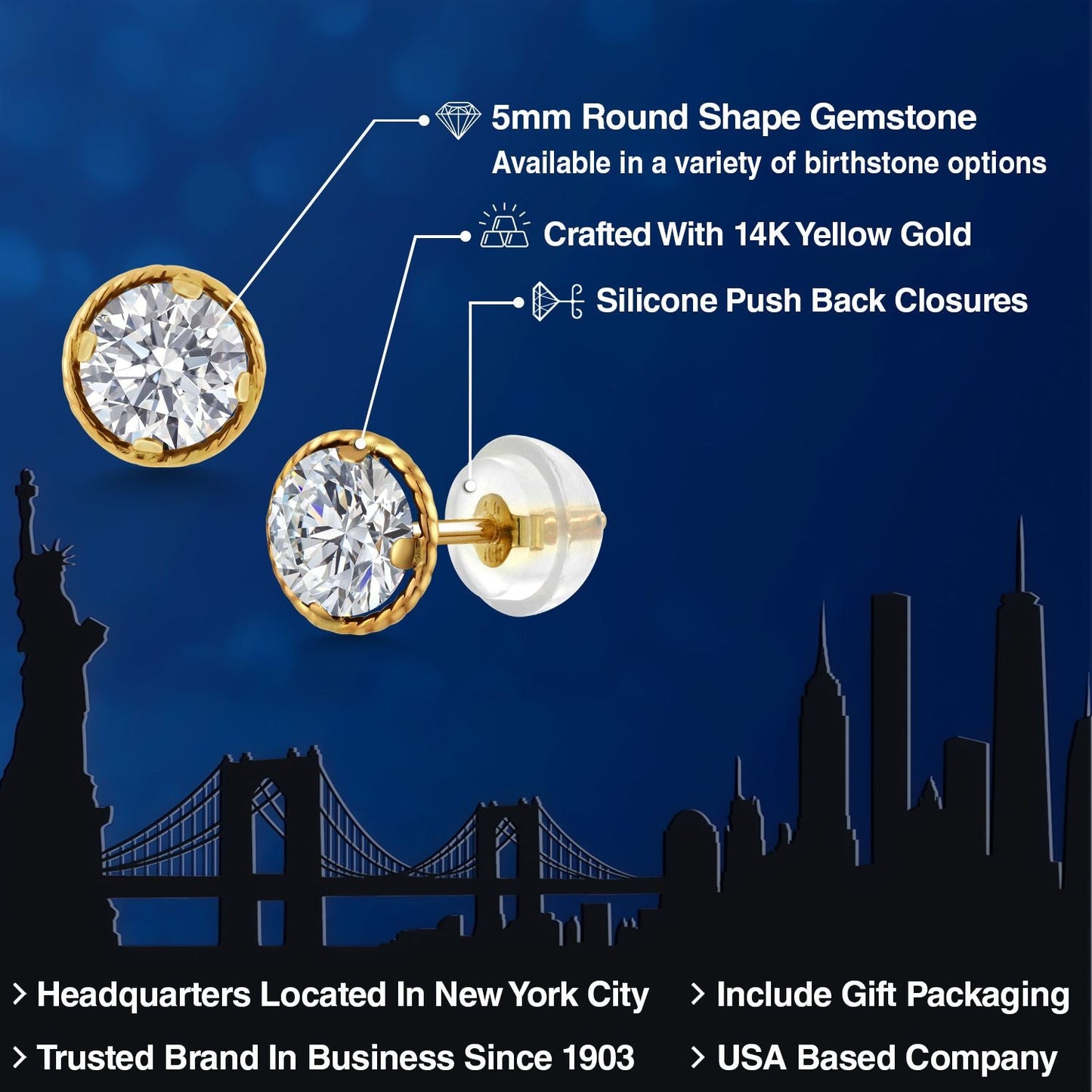 14K Yellow Gold E - F Lab Grown Diamond Earrings for Women | 1.00 Cttw | Gemstone April Birthstone | Round 5MM