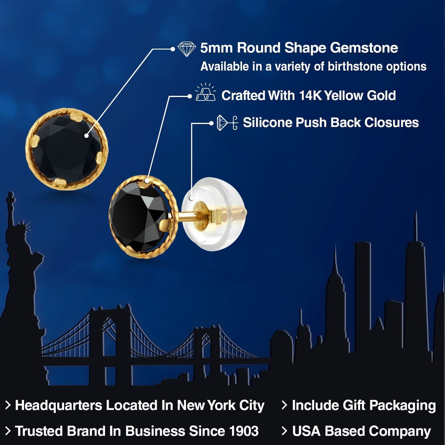 14K Yellow Gold Gemstone Birthstone Stud Earrings | Round 5MM | Gold Earrings For Women Men