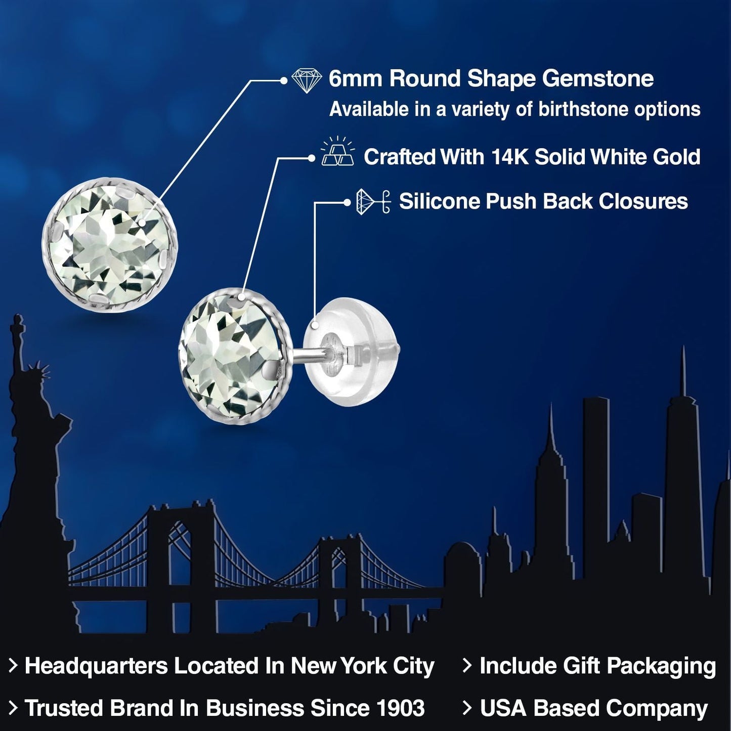 14K Gold 6MM Round Gemstone Birthstone Stud Earrings | Gold Earrings For Women Men