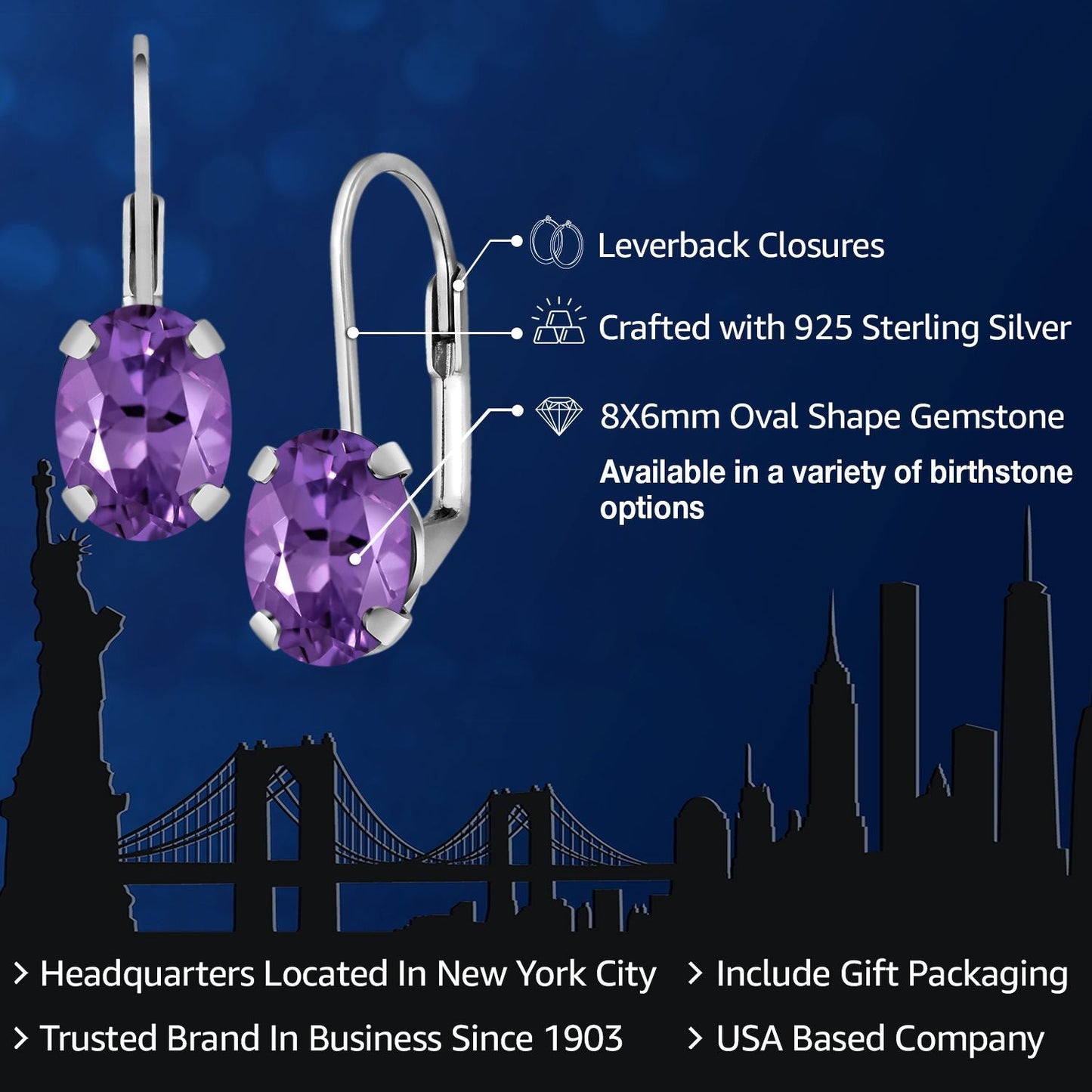 8X6MM Oval Drop Dangle Earrings for Women | 925 Sterling Silver | Genuine Gemstone Birthstone Leverback Earrings | Fine Jewelry Gifts for Her Mom Women Wife