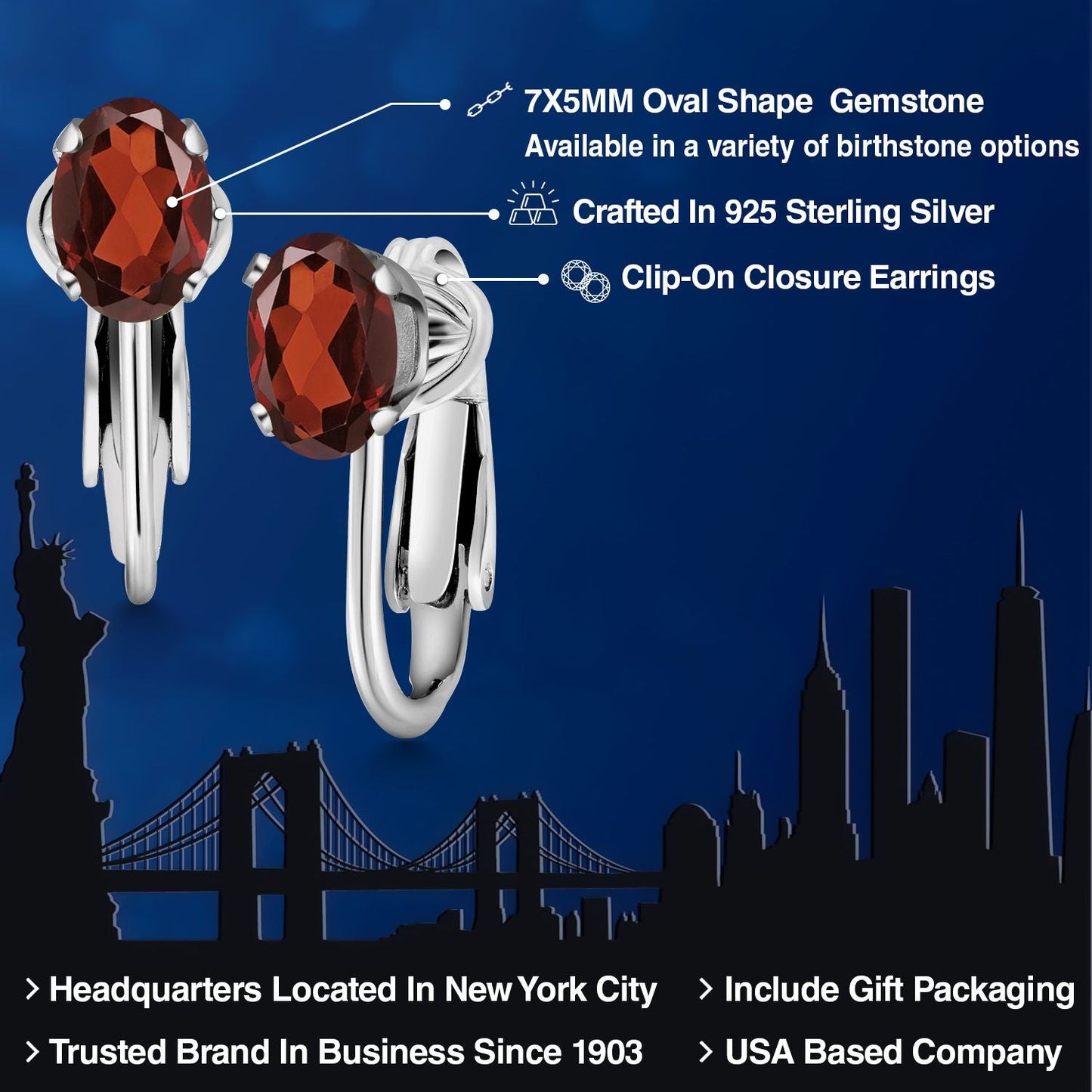 Clip-On Earrings for Women | Gemstone Birthstone Drop Earrings | 925 Sterling Silver | Oval 7X5MM | Gift For Women Mother Bridesmaids