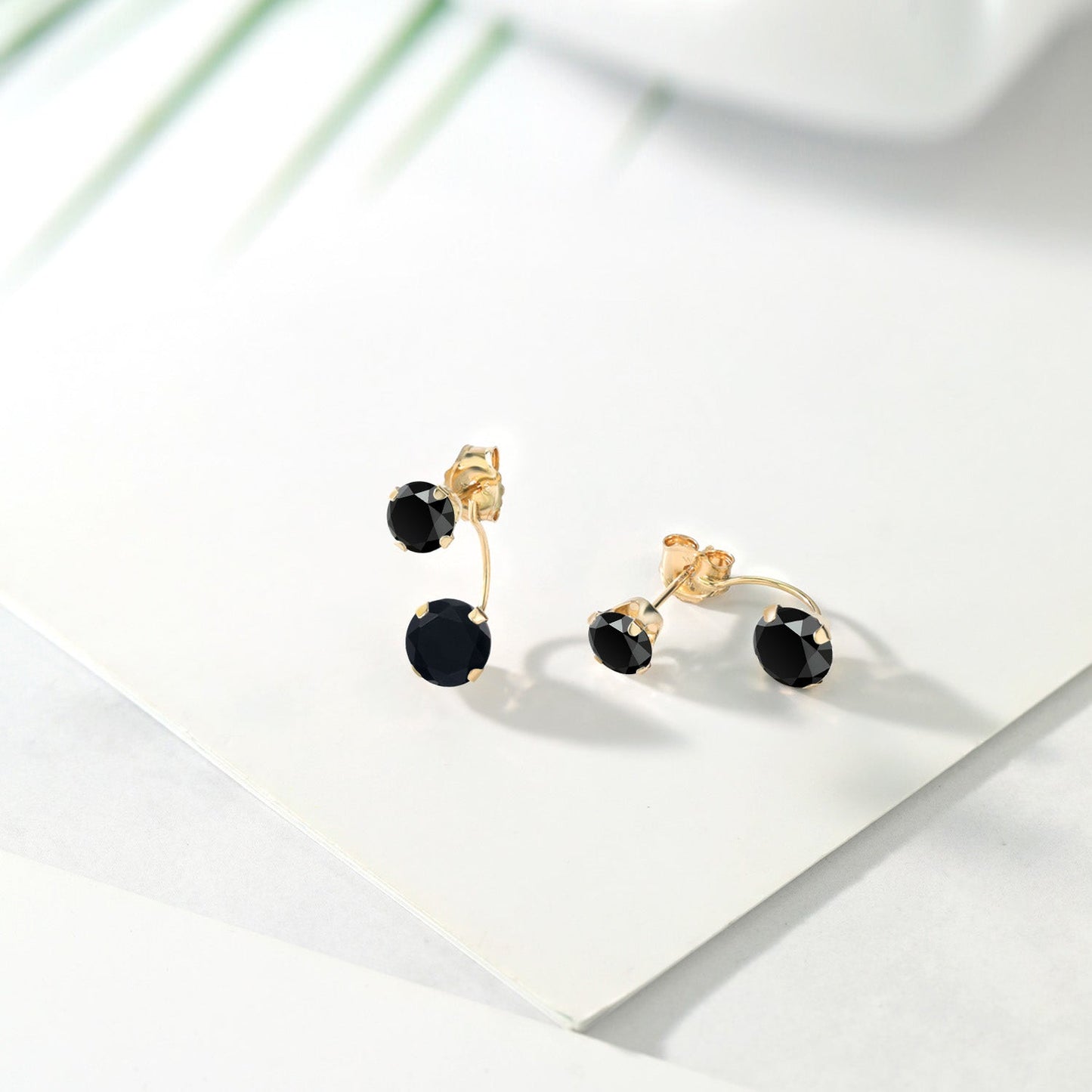 14K Yellow Gold Black Onyx Dual Drop 2 Stone Round Earrings for Women (2.55 Cttw, Gemstone Birthstone, Round 6MM and 5MM)
