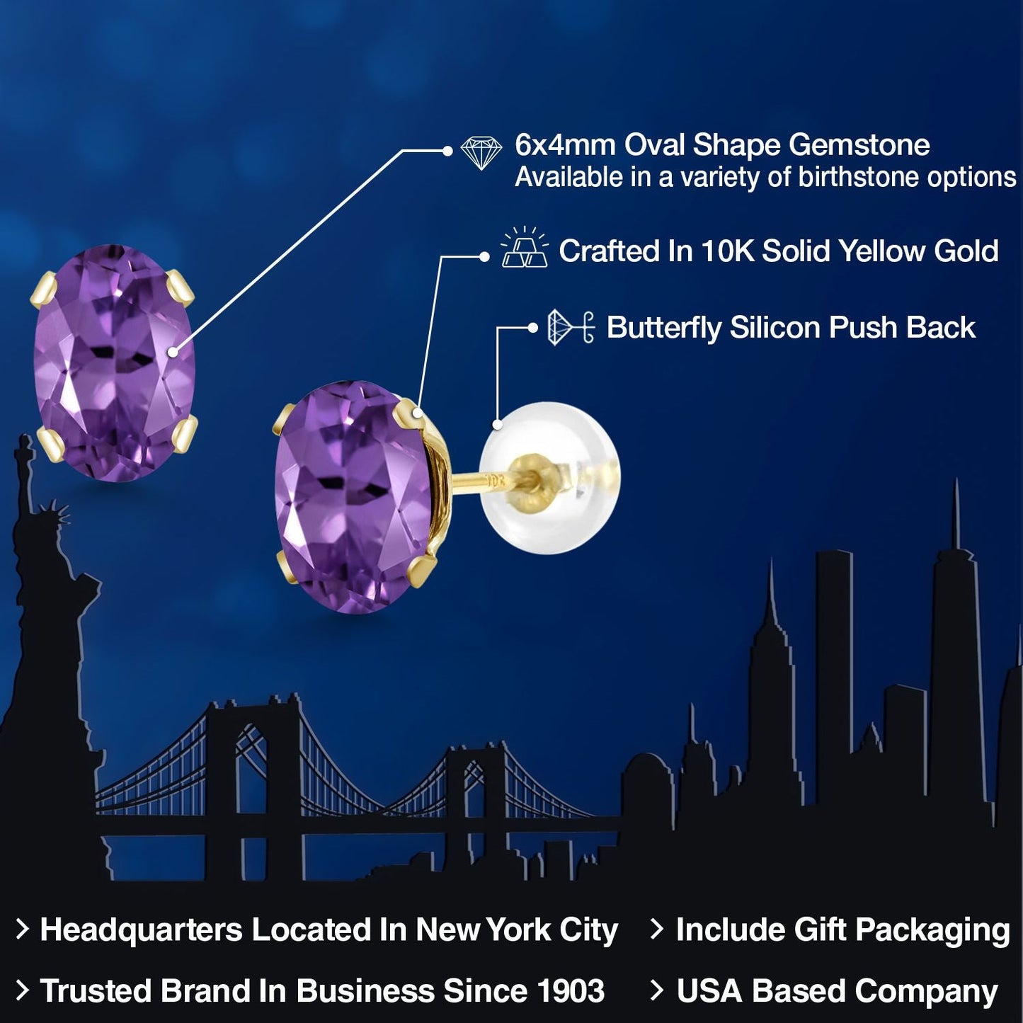 10K Yellow Gold Gemstone Birthstone Earrings | Oval 6X4MM Stud Earrings | Gold Earrings For Women Men