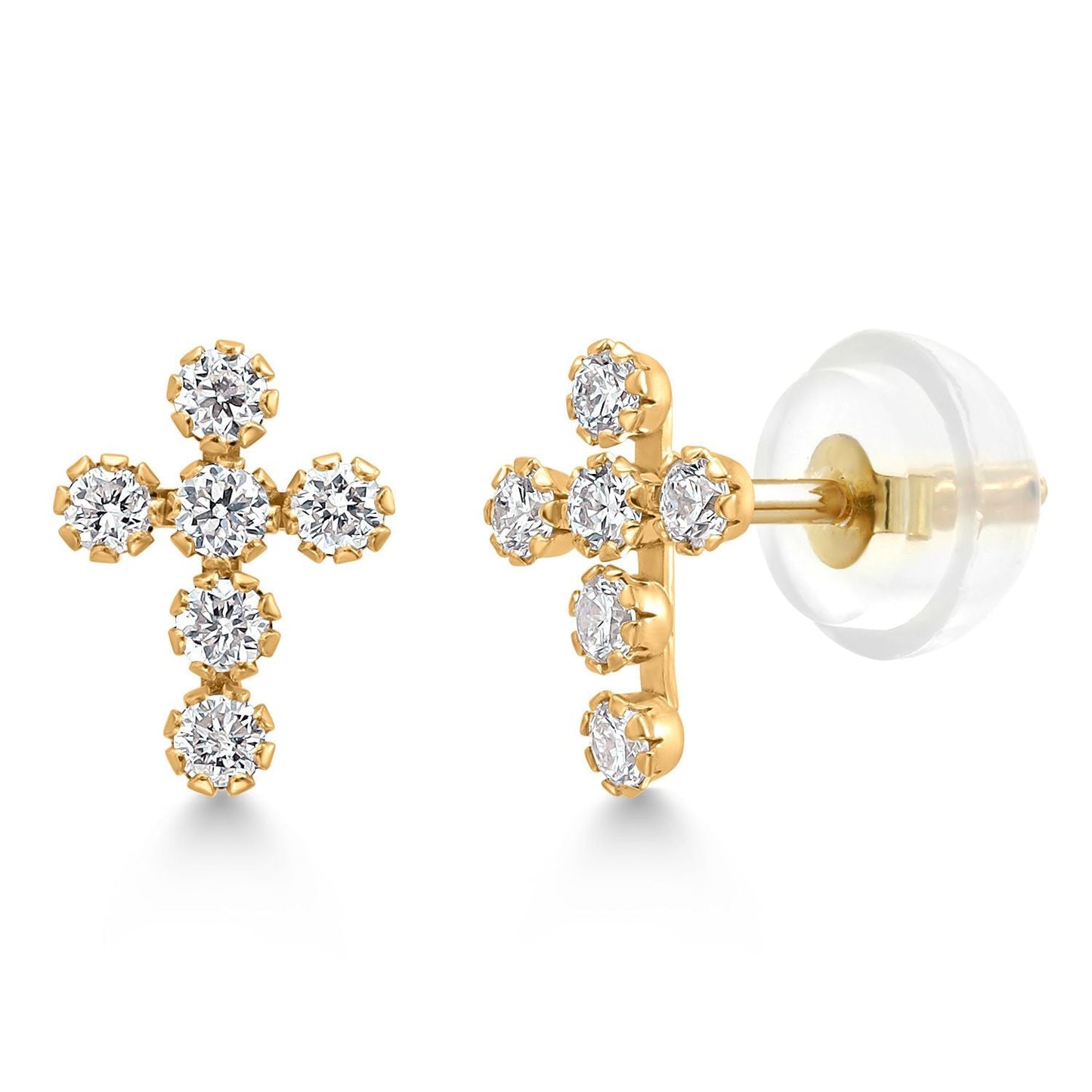 14K Gold Cross Stud Earrings | Jesus Christian Religious Crucifix Jewelry Earrings | Lab Grown Diamond Created Ruby or Created Sapphire Gold Earrings For Women Men