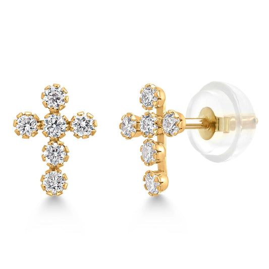 14K Gold Cross Stud Earrings | Jesus Christian Religious Crucifix Jewelry Earrings | Lab Grown Diamond Created Ruby or Created Sapphire Gold Earrings For Women Men