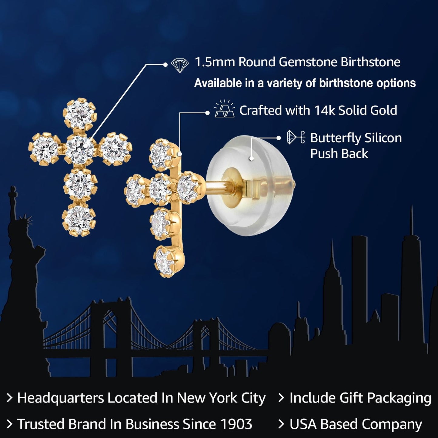 14K Gold Cross Stud Earrings | Jesus Christian Religious Crucifix Jewelry Earrings | Lab Grown Diamond Created Ruby or Created Sapphire Gold Earrings For Women Men