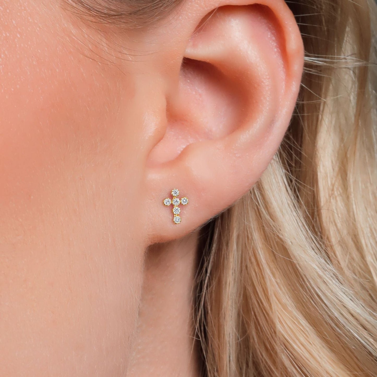 14K Gold Cross Stud Earrings | Jesus Christian Religious Crucifix Jewelry Earrings | Lab Grown Diamond Created Ruby or Created Sapphire Gold Earrings For Women Men