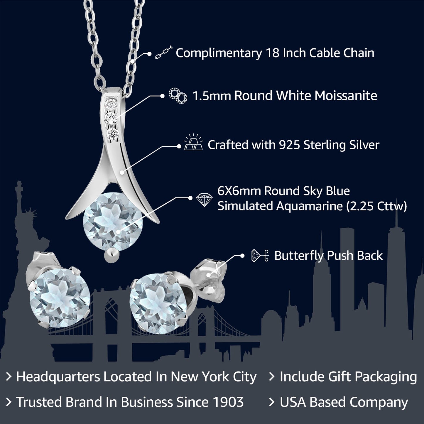 925 Sterling Silver Aquamarine Pendant and Earrings Jewelry Set For Women (2.25 Cttw, Round Gemstone Birthstone, with 18 Inch Silver Chain)