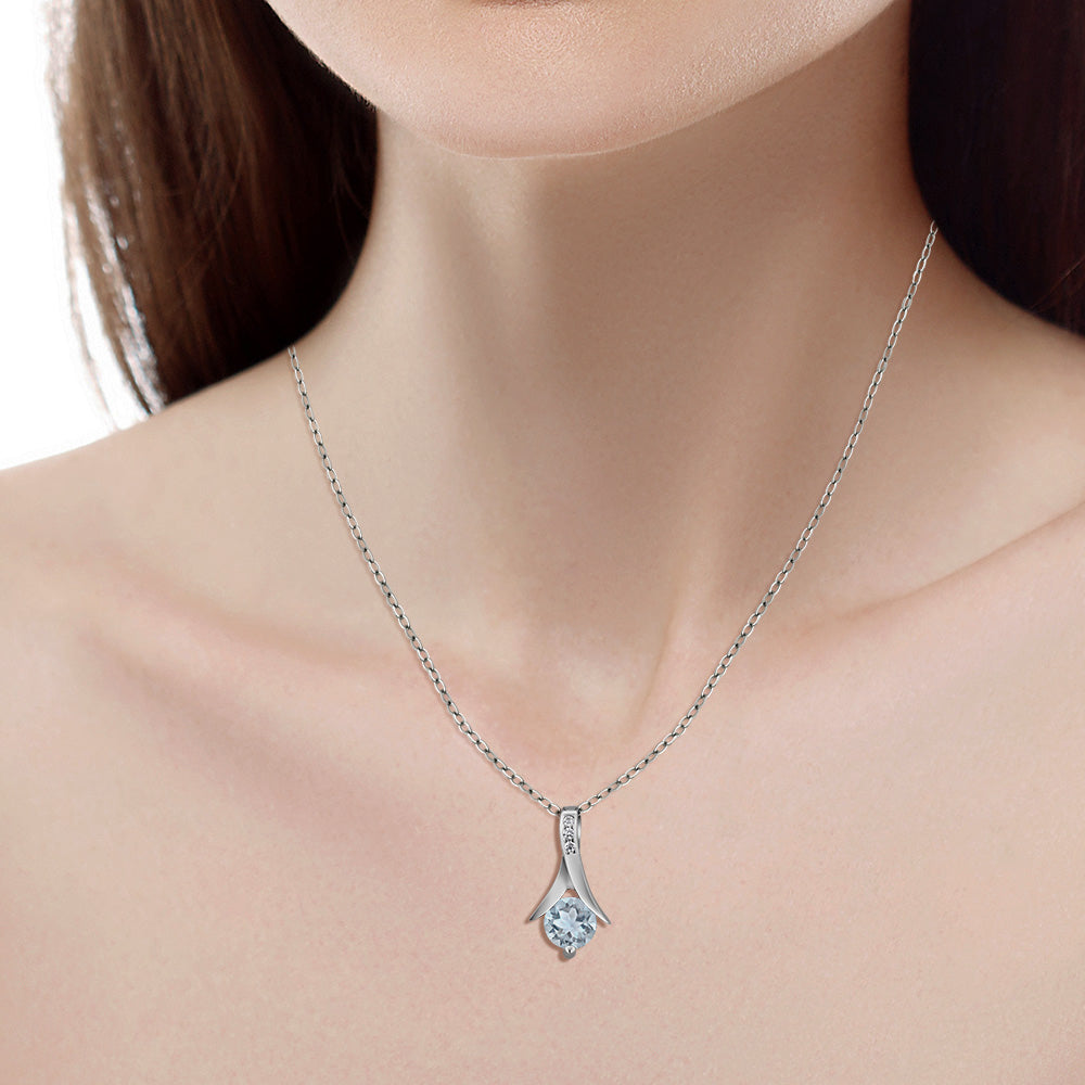 925 Sterling Silver Aquamarine Pendant and Earrings Jewelry Set For Women (2.25 Cttw, Round Gemstone Birthstone, with 18 Inch Silver Chain)