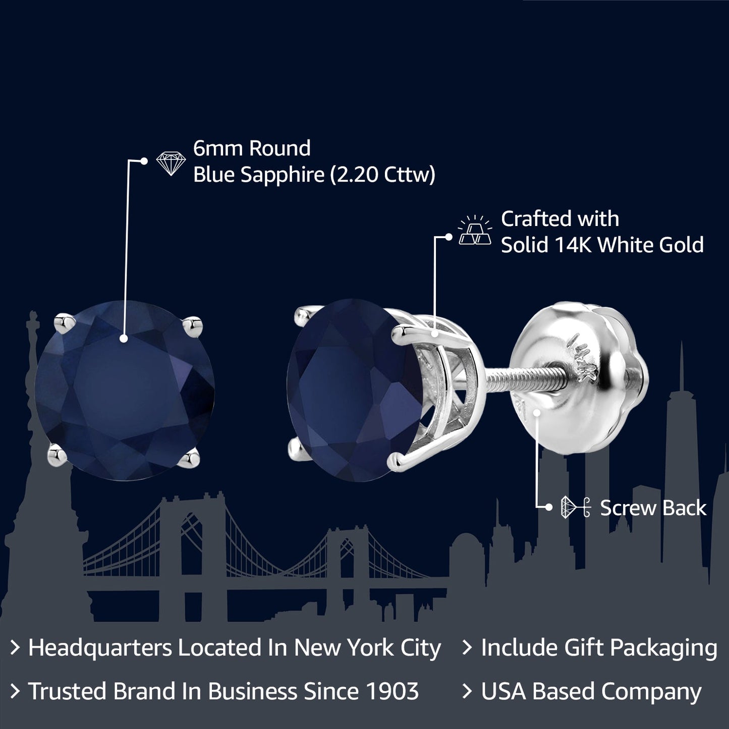 14K White Gold 6MM Round Gemstone Birthstone Screw Back Stud Earrings | White Gold Stud Earrings For Women Men