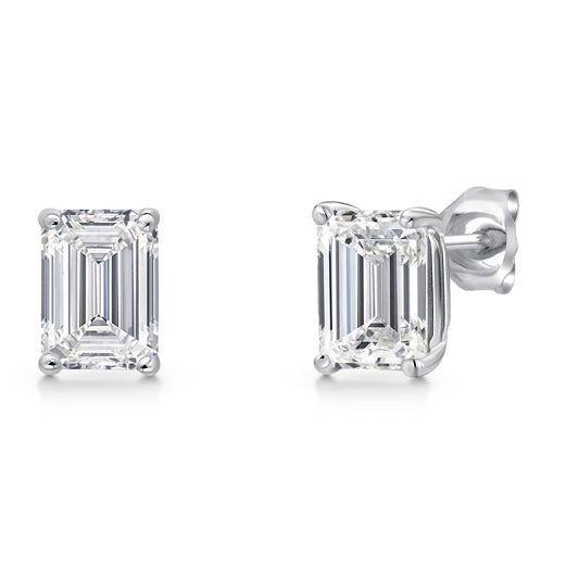 2.00 Cttw 14K White Gold IGI Certified Lab Grown Diamond Stud Basket Setting Earrings | Emerald Cut | E-F Color | VS1-VS2 Clarity | Double Notch | Gold Earrings For Women Men