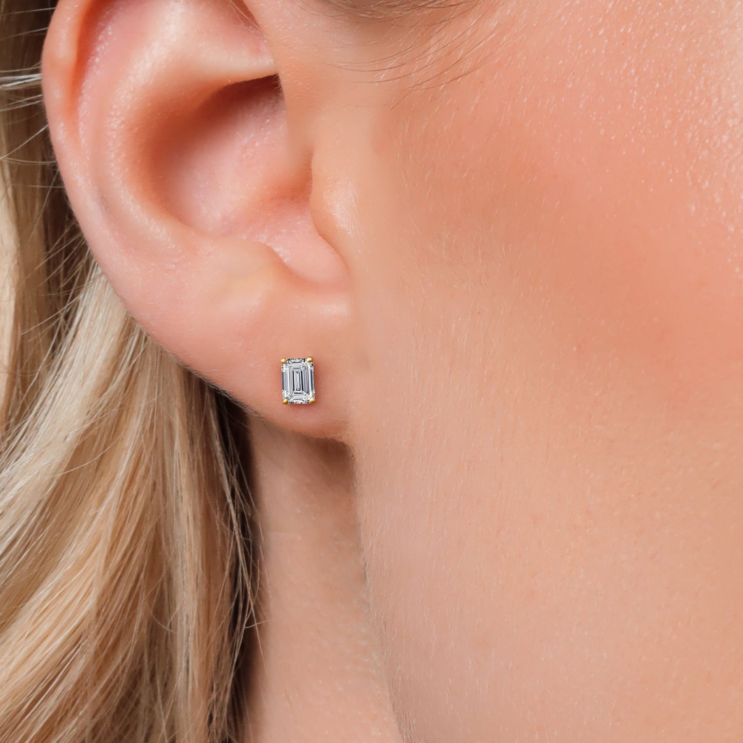 1.50 Cttw 14K Yellow Gold IGI Certified Lab Grown Diamond Stud Basket Setting Earrings | Emerald Cut | E-F Color | VS1-VS2 Clarity | Double Notch | Gold Earrings For Women Men