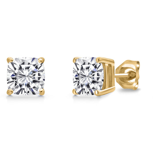 2.00 Cttw 14K Yellow Gold IGI Certified Lab Grown Diamond Stud Basket Setting Earrings | Cushion Cut | E-F Color | VS1-VS2 Clarity | Double Notch | Gold Earrings For Women Men