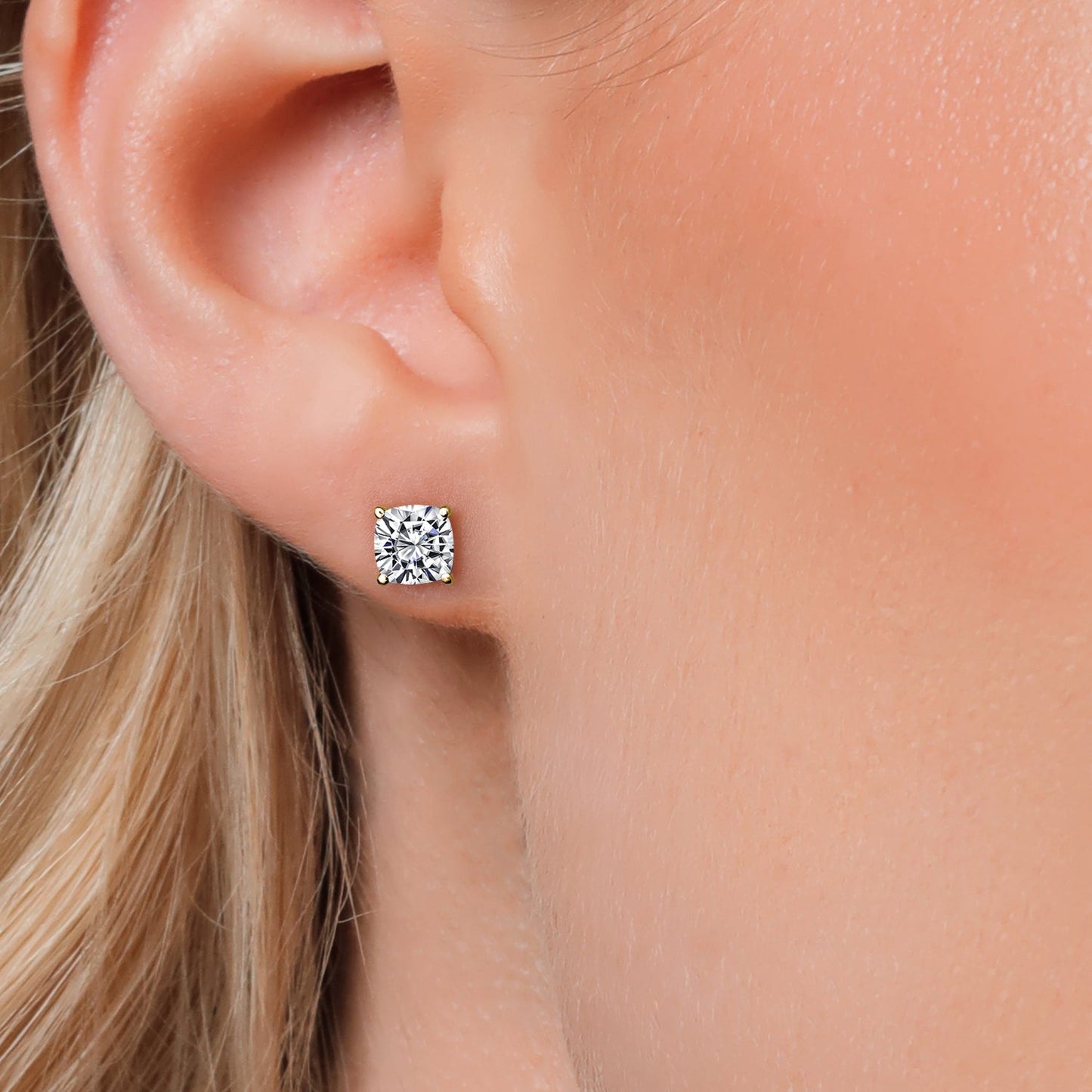 2.00 Cttw 14K Yellow Gold IGI Certified Lab Grown Diamond Stud Basket Setting Earrings | Cushion Cut | E-F Color | VS1-VS2 Clarity | Double Notch | Gold Earrings For Women Men