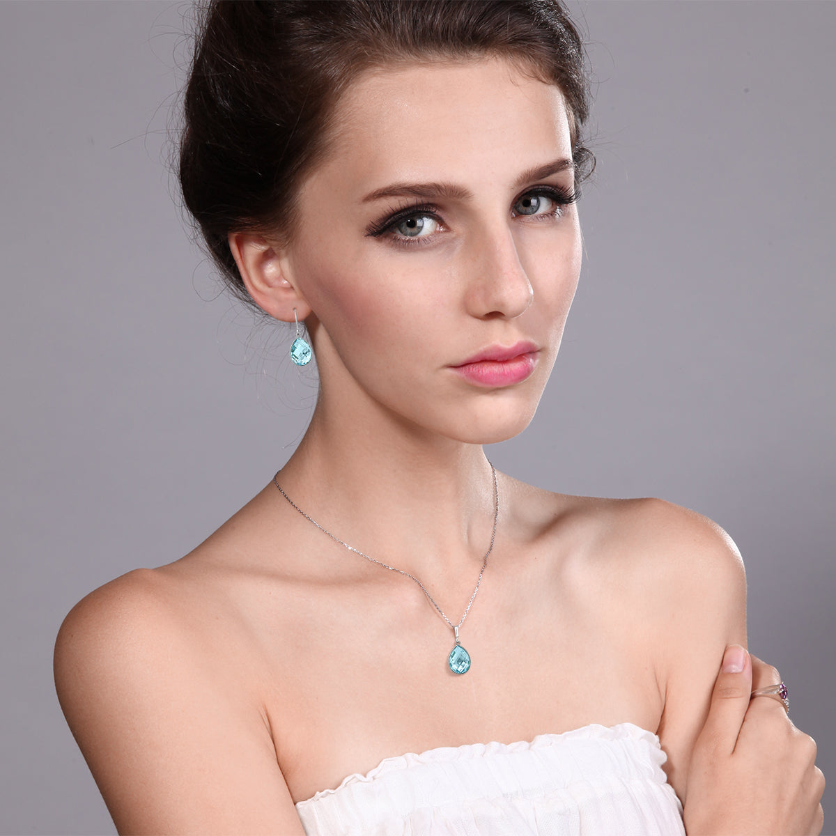 22.50 Cttw Blue Topaz Pendant and Earrings Jewelry Set For Women In 925 Sterling Silver | Pear Shape 16X12MM | Gemstone Birthstone | With 18 Inch Silver Chain