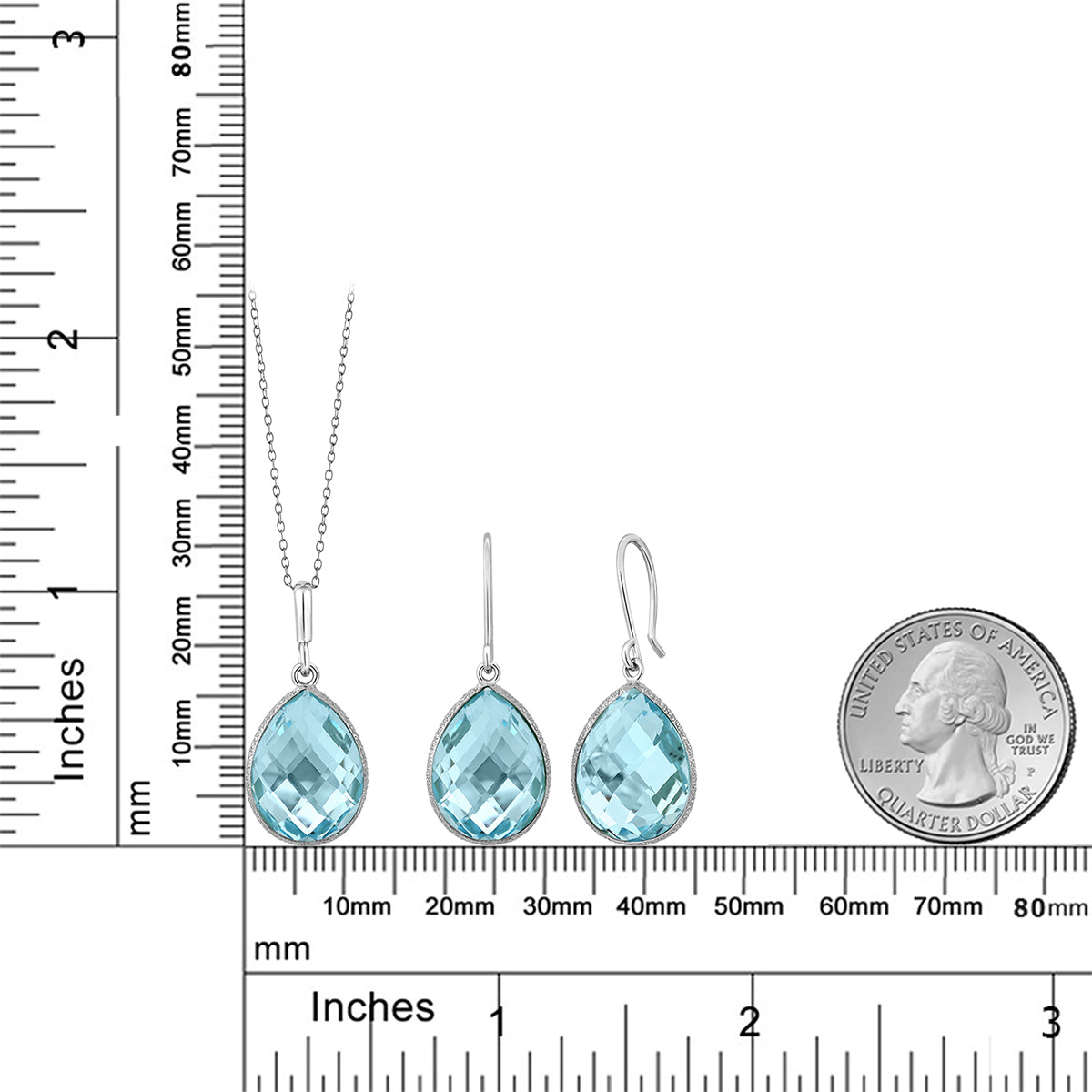 22.50 Cttw Blue Topaz Pendant and Earrings Jewelry Set For Women In 925 Sterling Silver | Pear Shape 16X12MM | Gemstone Birthstone | With 18 Inch Silver Chain