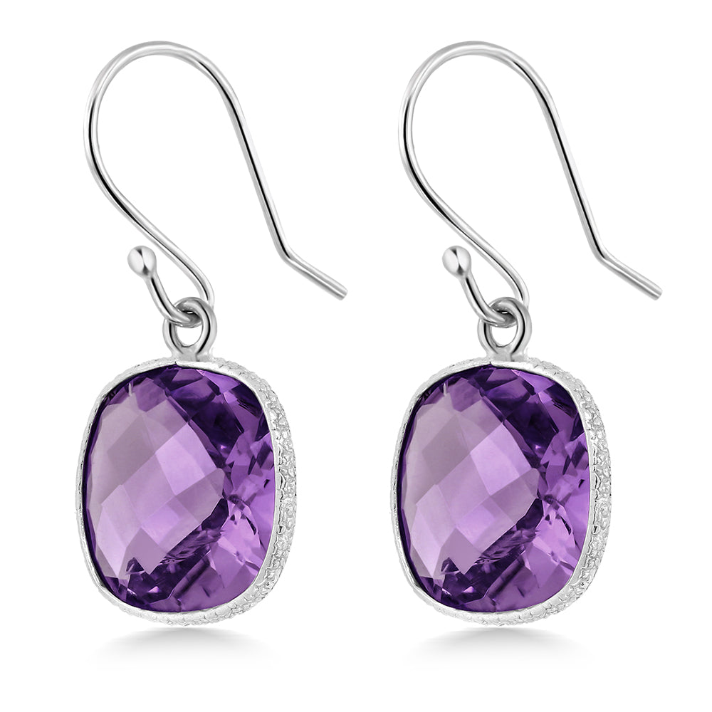 925 Sterling Silver Amethyst Drop Dangle Earrings For Women | 10.00 Cttw | Gemstone Birthstone | Cushion Checkerboard 11MM