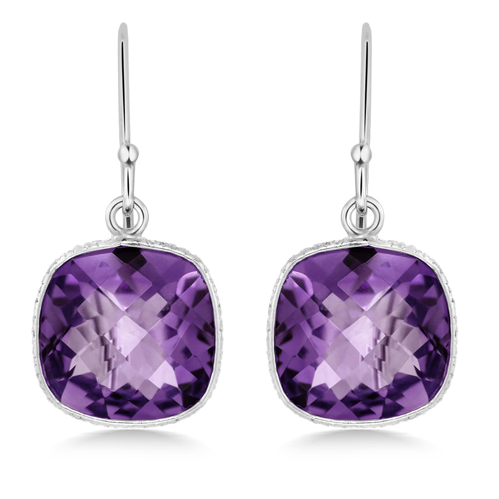 925 Sterling Silver Amethyst Drop Dangle Earrings For Women | 10.00 Cttw | Gemstone Birthstone | Cushion Checkerboard 11MM