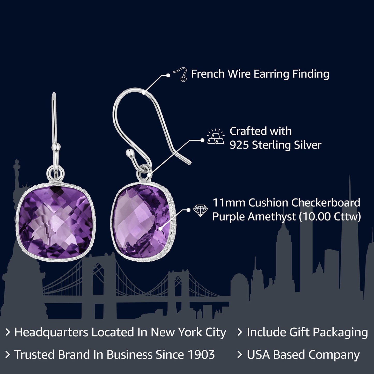 925 Sterling Silver Amethyst Drop Dangle Earrings For Women | 10.00 Cttw | Gemstone Birthstone | Cushion Checkerboard 11MM
