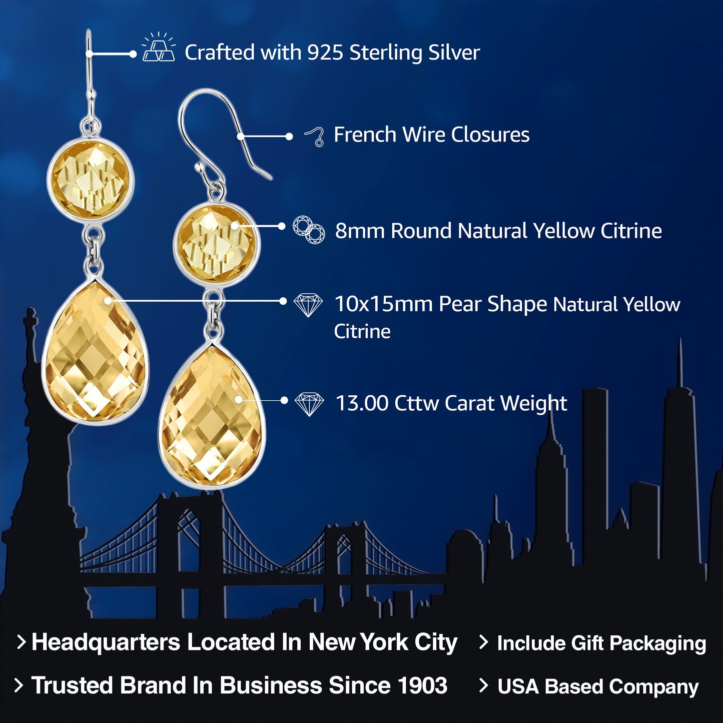 925 Sterling Silver Natural Citrine French Wire Dangle Hook Earrings For Women (13.00 Cttw, Gemstone Birthstone, Pear Shape 10X15MM, Round 8MM)