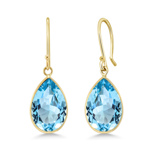 14K Yellow Gold Blue Topaz Teardrop Earrings For Women (13.00 Cttw, Gemstone Birthstone, Pear Shape 10X15MM)