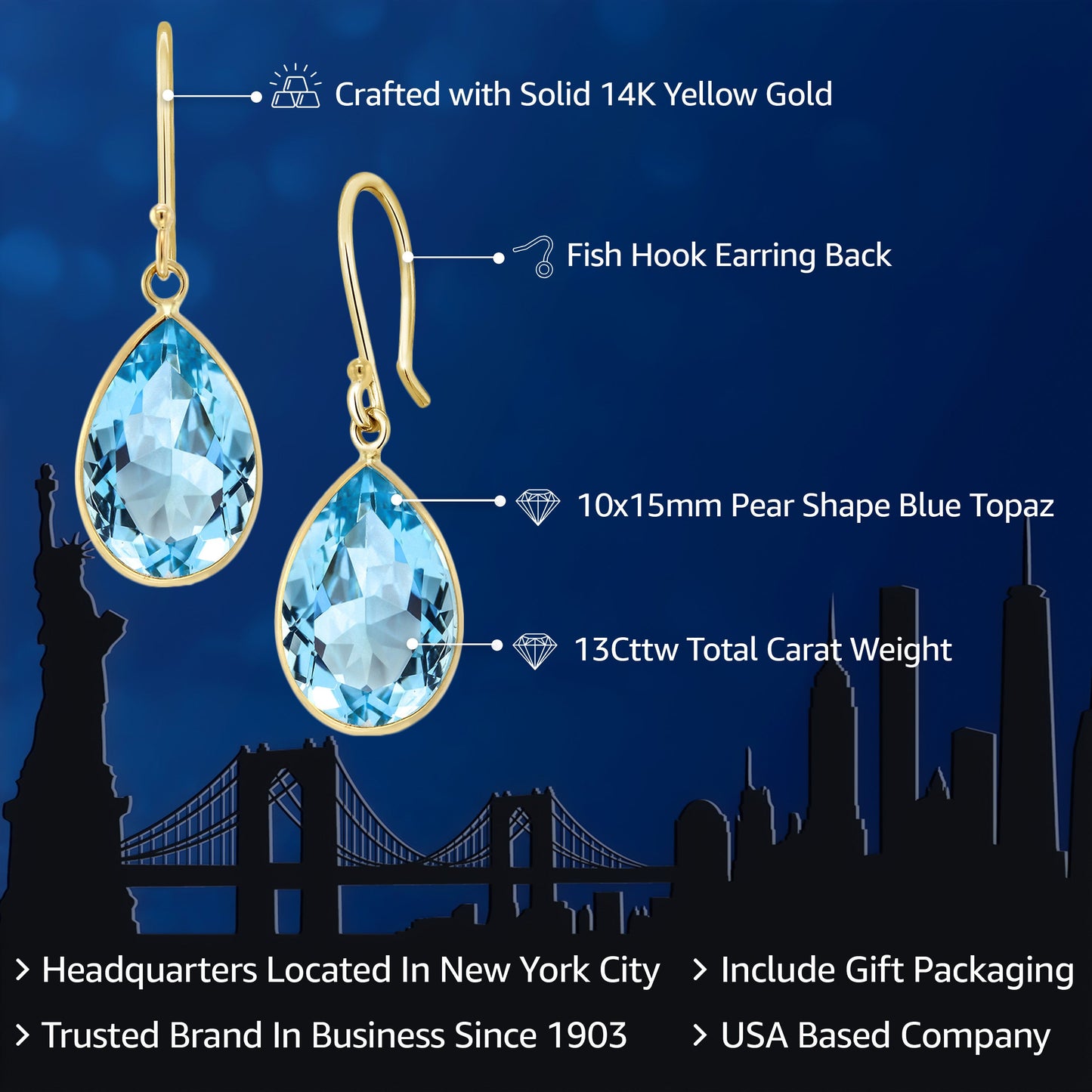 14K Yellow Gold Blue Topaz Teardrop Earrings For Women (13.00 Cttw, Gemstone Birthstone, Pear Shape 10X15MM)