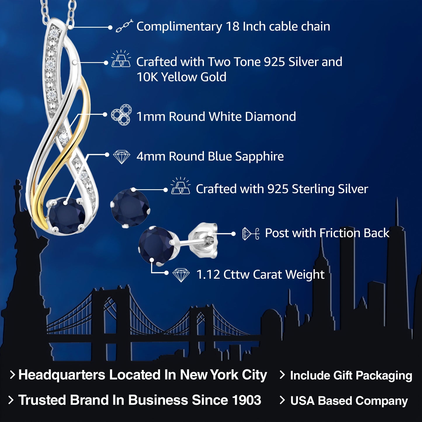 925 Sterling Silver and 10K Yellow Gold Blue Sapphire and White Diamond Pendant and Earrings Jewelry Set For Women (1.12 Cttw, Gemstone Birthstone, with 18 Inch Chain)