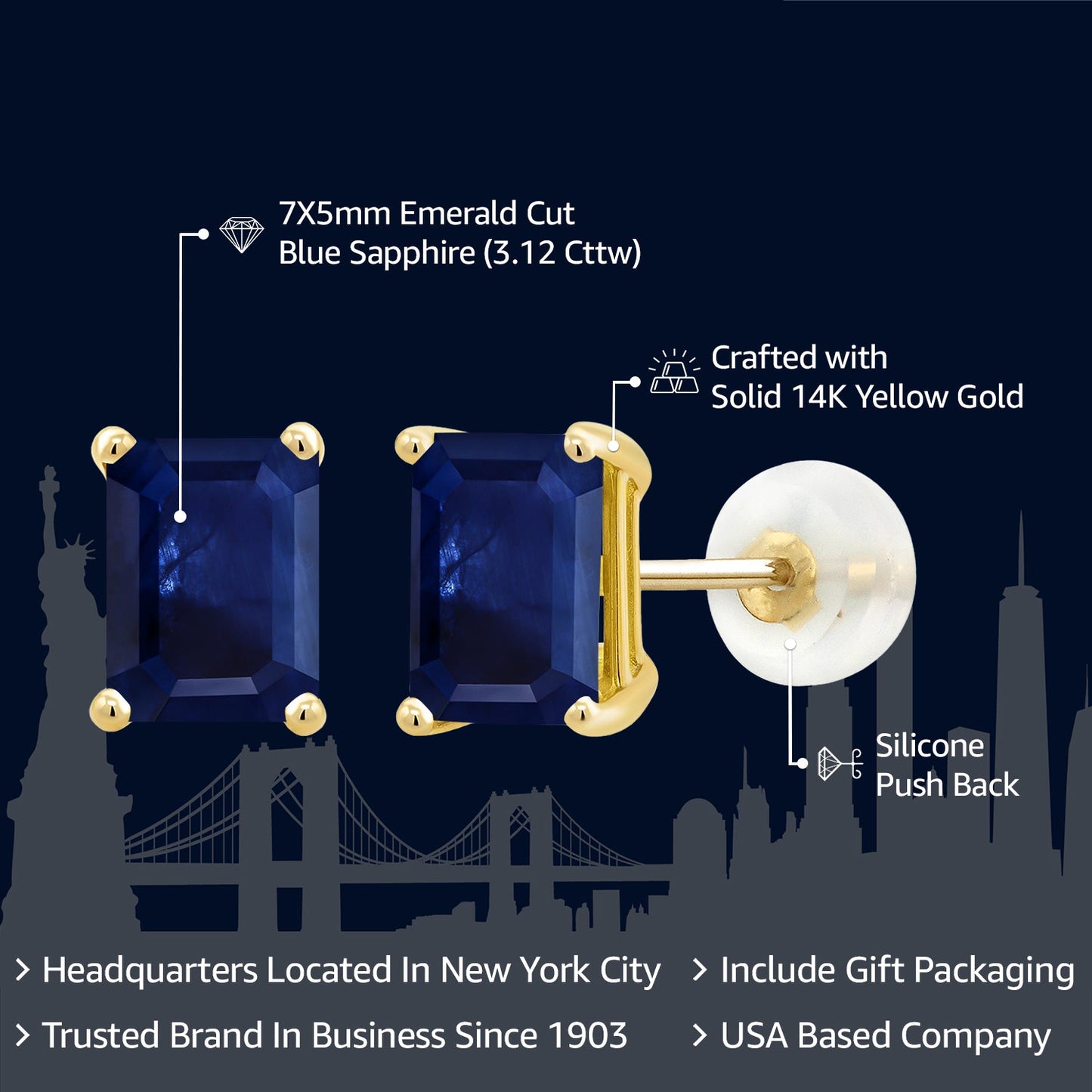 Solid 14K Gold 7X5MM Emerald Cut Gemstone Birthstone Stud Earrings | Gold Earrings For Women Men