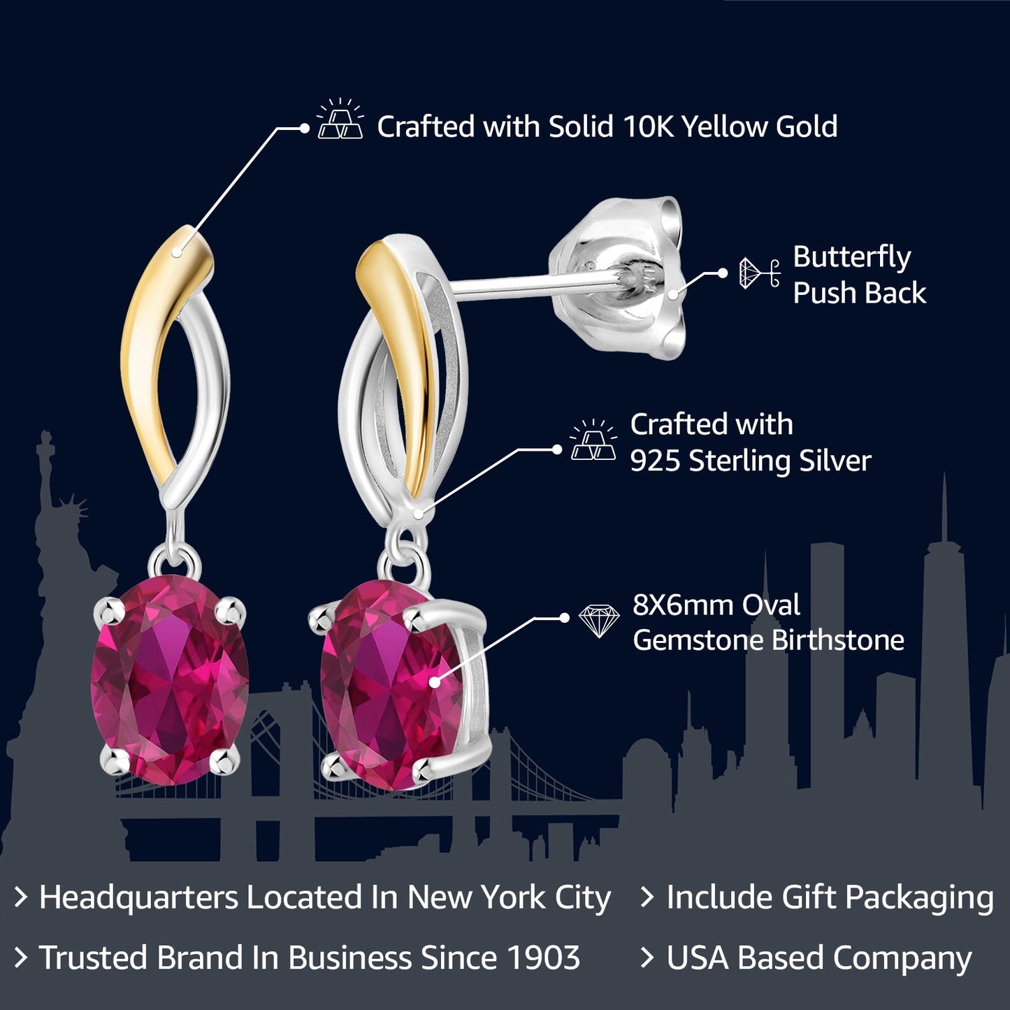 Infinity Dangle Drop Earrings For Women | 925 Sterling Silver and 10K Yellow Gold | 8X6MM Oval Gemstone Birthstone | Fine Jewelry Gifts for Her Mom Women Wife