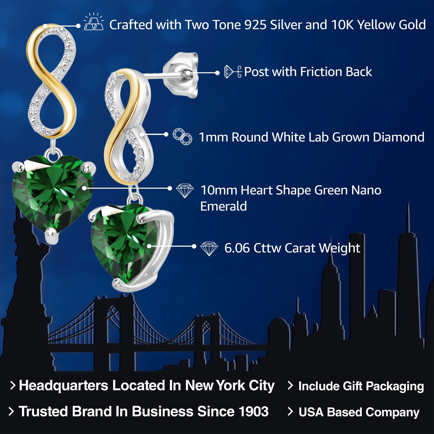 925 Sterling Silver and 10K Yellow Gold Heart Shape 10MM Gemstone Birthstone and White Lab Grown Diamond Infininty Dangle Earrings For Women By Keren Hanan