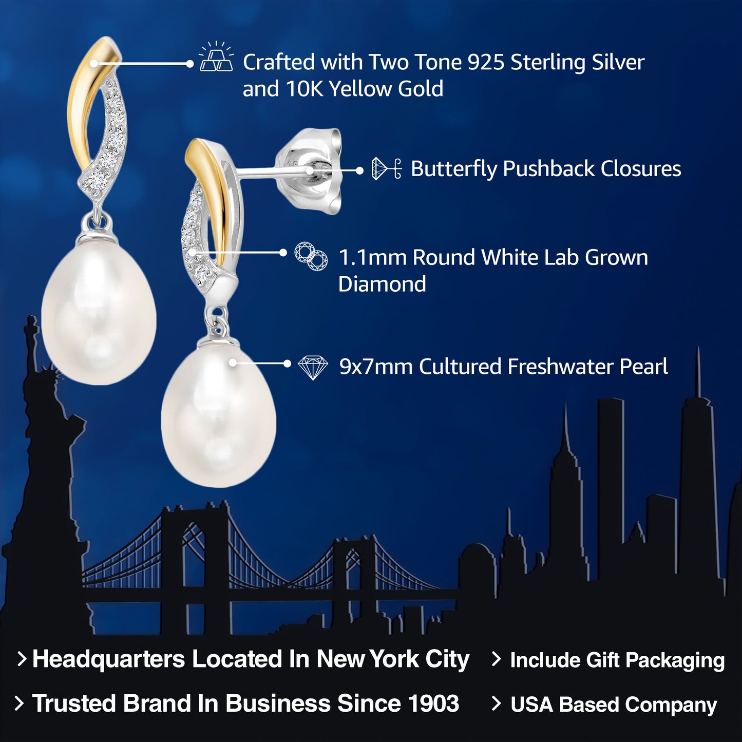 925 Sterling Silver and 10K Yellow Gold 9X7MM Cultured Freshwater Pearl and Lab Grown Diamond Dangle Earrings For Women