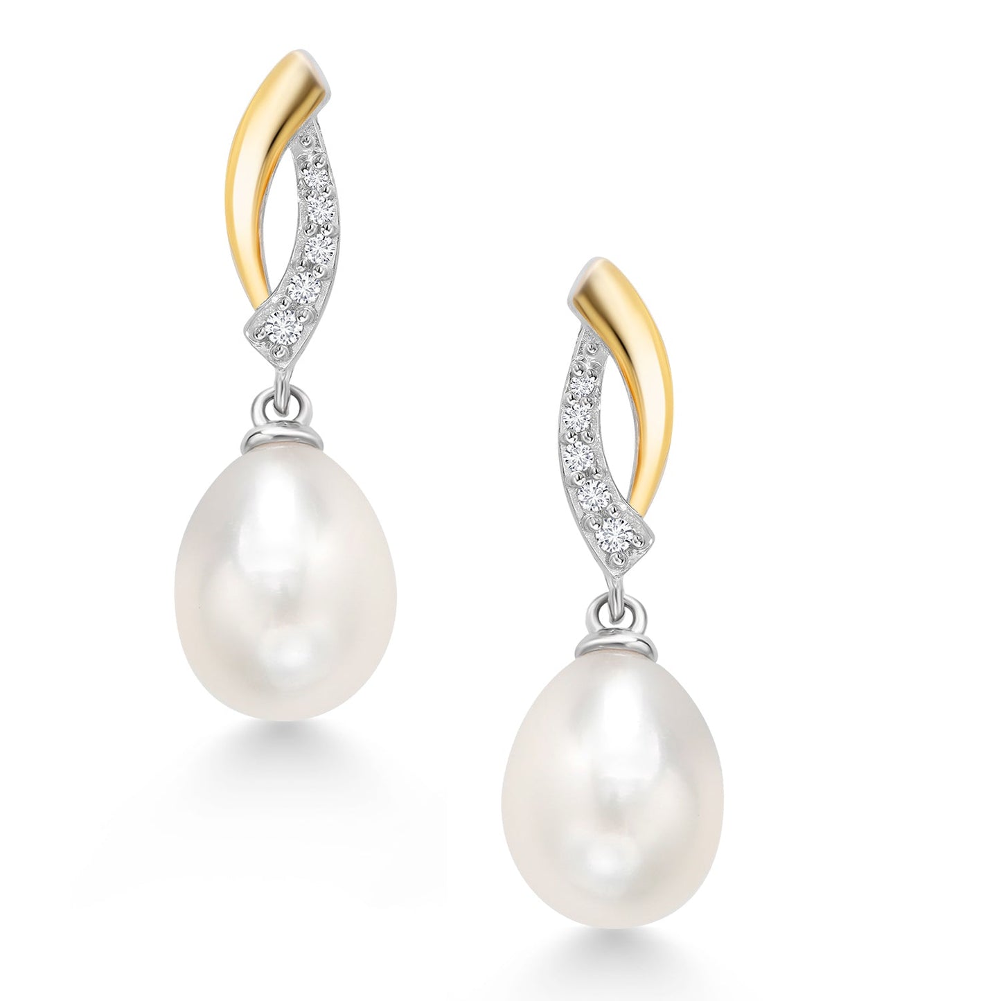 925 Sterling Silver and 10K Yellow Gold 9X7MM Cultured Freshwater Pearl and Lab Grown Diamond Dangle Earrings For Women