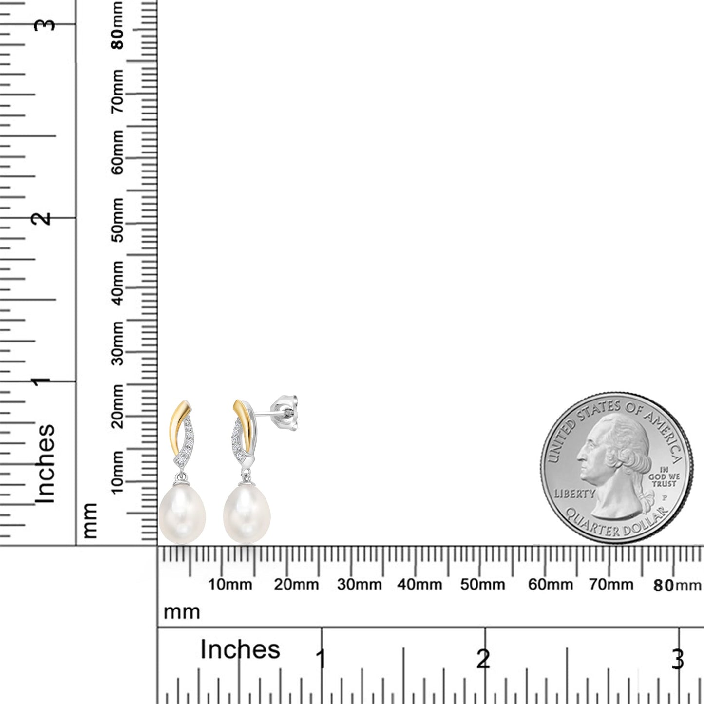 925 Sterling Silver and 10K Yellow Gold 9X7MM Cultured Freshwater Pearl and Lab Grown Diamond Dangle Earrings For Women