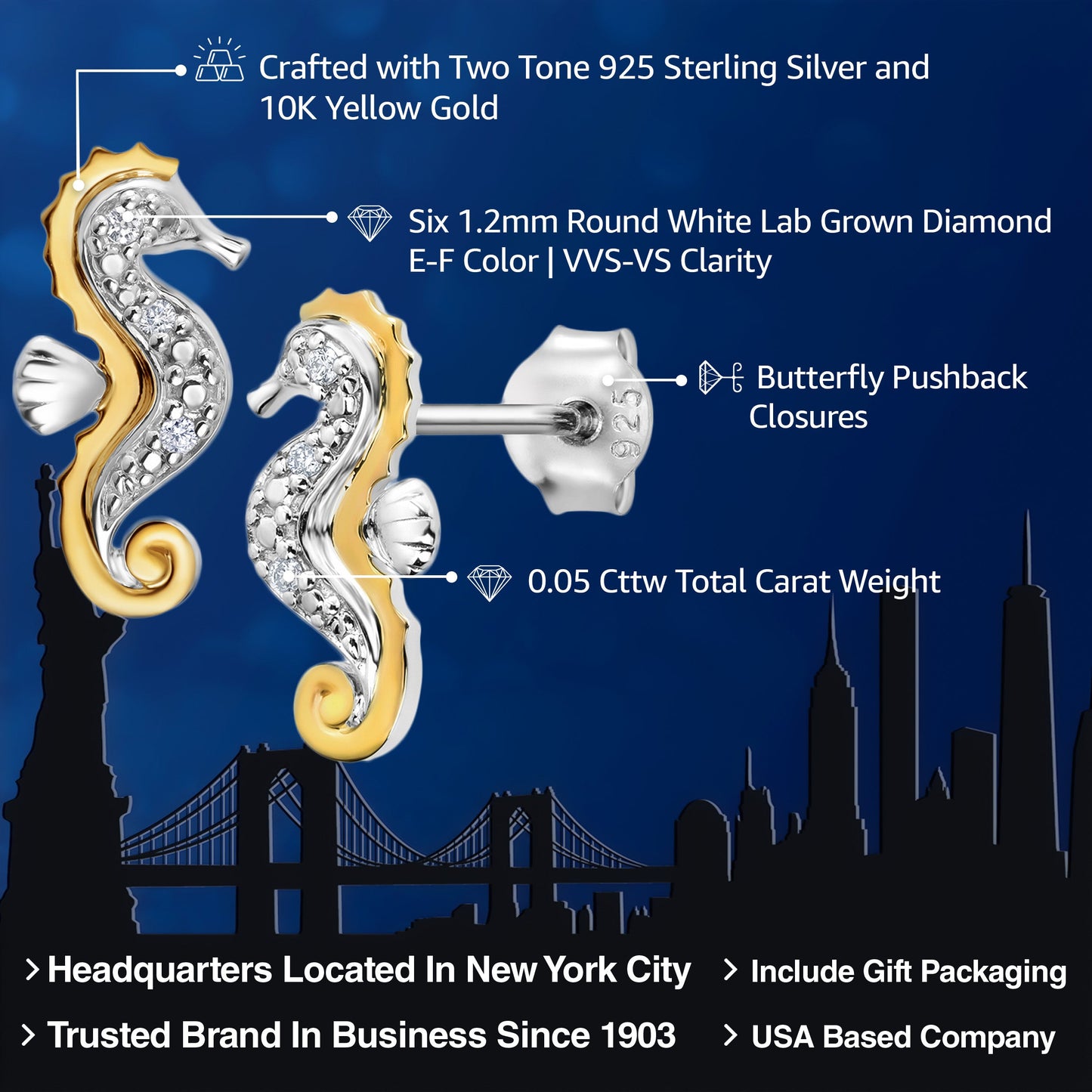 925 Sterling Silver and 10K Yellow Gold White Lab Grown Diamond Seahorse Stud Earrings For Women
