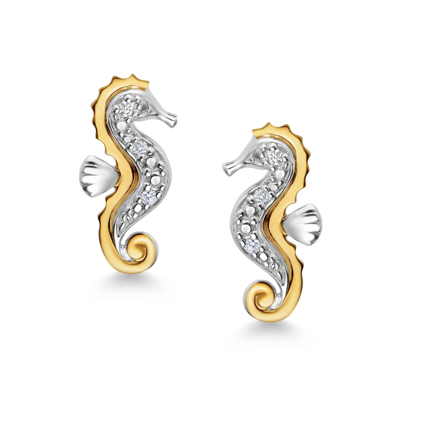 925 Sterling Silver and 10K Yellow Gold White Lab Grown Diamond Seahorse Stud Earrings For Women