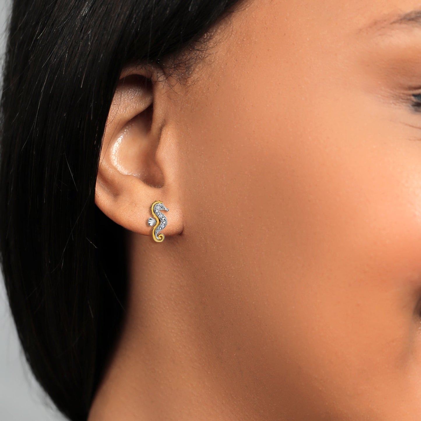 925 Sterling Silver and 10K Yellow Gold White Lab Grown Diamond Seahorse Stud Earrings For Women